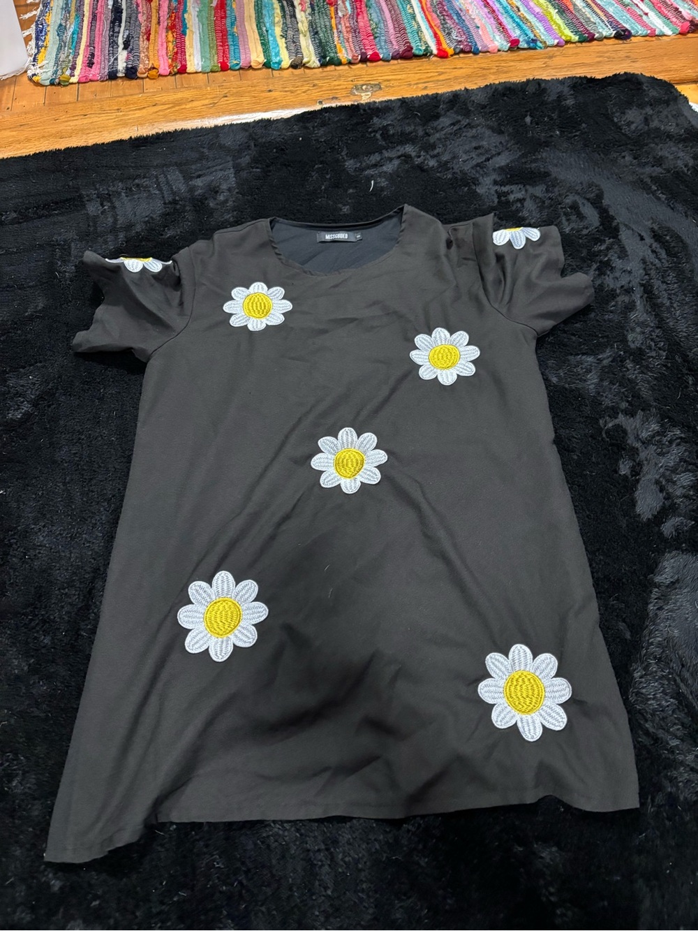 Missguided Black Mini Dress with White & Yellow Daisy Appliqués